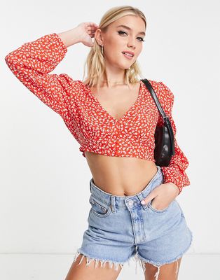 Monki crop button front blouse with volume sleeves in ditsy floral - part of a set-Multi