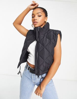Monki cropped vest with drawstring front in diamond quilting-Black