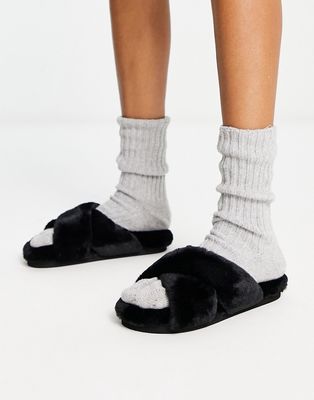 Monki cross front slider slippers in black faux fur