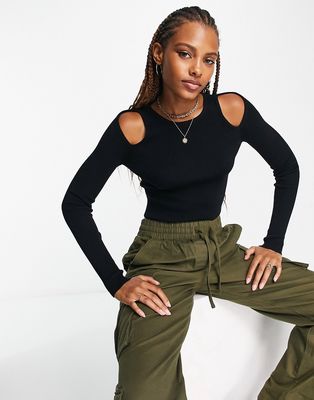 Monki cut-out cropped knitted sweater in black