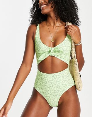 Monki cut out swimsuit in green floral - LGREEN