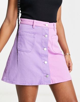Monki denim color block mini skirt in lilac-Purple