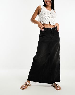 Monki denim maxi skirt with front split in washed black