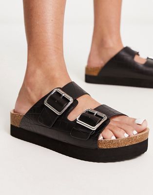 Monki double strap flat croc sandals in black