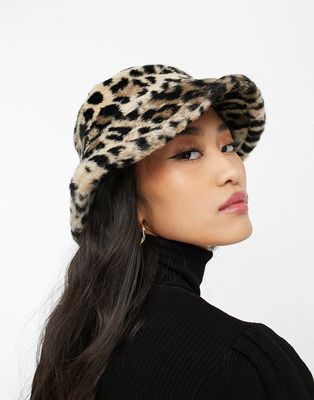 Monki faux fur bucket hat in leopard print-Brown