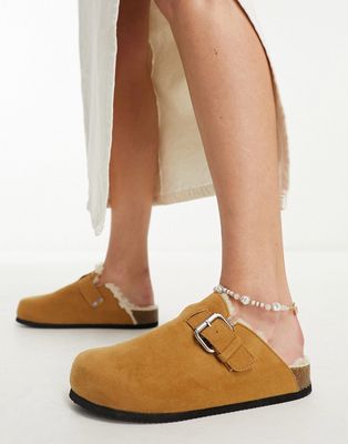 Monki faux suede clog with buckle in brown