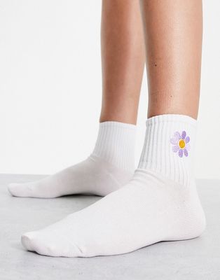 Monki flower emroidered sock in white