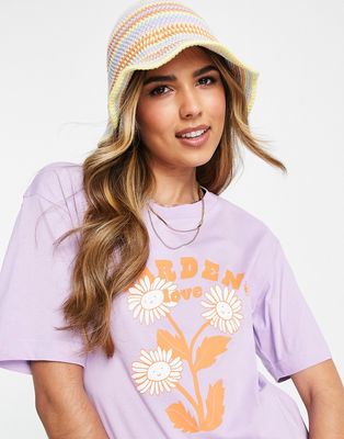 Monki garden love front print t-shirt in purple