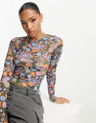 Monki gathered front mesh top in multi floral
