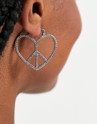 Monki Hadley crystal peace heart earrings in silver