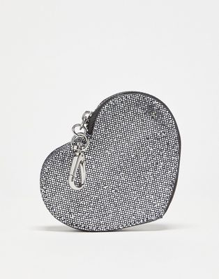 Monki heart shape card case in silver glitter