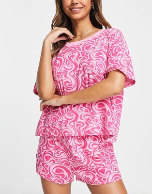 Monki heart swirl print tee and short pajama set in pink