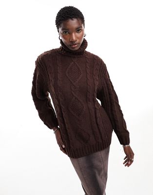 Monki heavy knitted roll neck sweater in dark brown