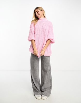 Monki high neck chunky rib knit sweater with volume sleeve in pink