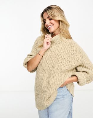 Monki high neck chunky rib knitted sweater with volume sleeve in beige-Neutral