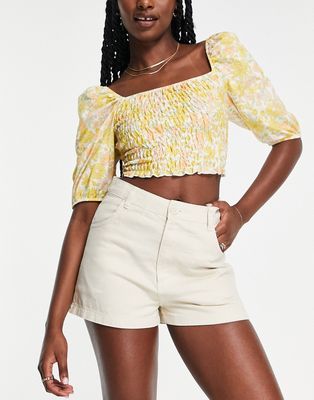 Monki high waist denim shorts in stone-Neutral