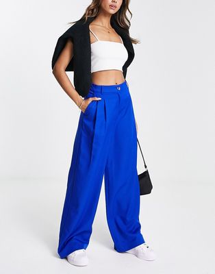 Monki high waist pleat front pants in blue
