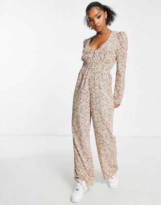 Monki jumpsuit with long sleeves in all over print floral-Multi