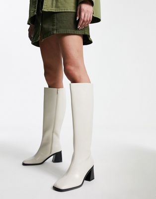 Monki knee high heeled boot in cream-White