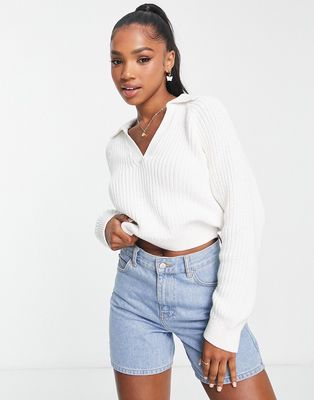 Monki knit v-neck polo collar sweater in off white