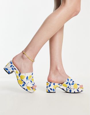 Monki lemon print mid chunky heeled platform mules in yellow