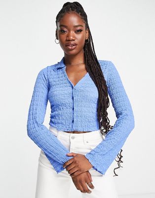 Monki lettuce edge jersey polo top in blue - part of a set