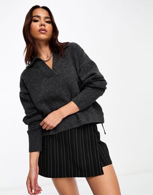Monki long sleeve collar knit sweater in dark gray