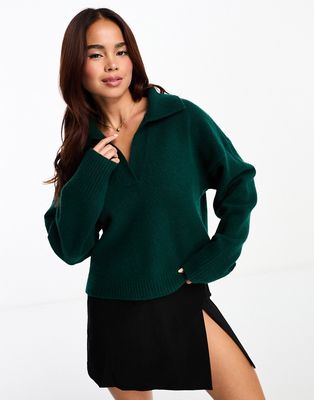 Monki long sleeve collar knitted sweater in dark green