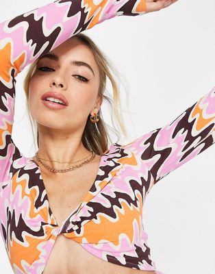 Monki long sleeve cropped top in orange and pink abstract print - part of a set-Multi