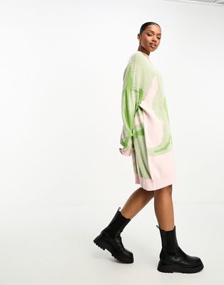 Monki long sleeve jacquard knitted sweater dress in pink and green blur print-Multi