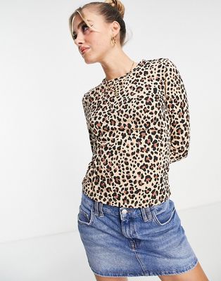 Monki long sleeve jersey top in leopard print-Brown
