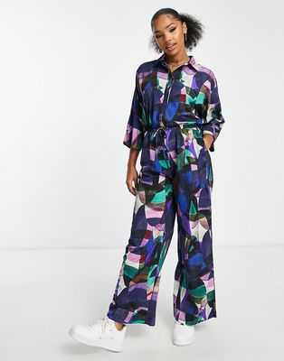 Monki long sleeve jumpsuit with collar in abstract print-Multi