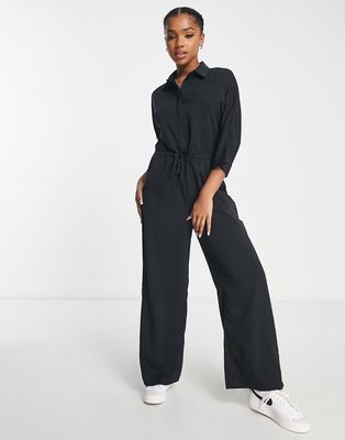 Monki long sleeve jumpsuit with collar in black