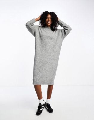 Monki long sleeve knit midi dress in gray