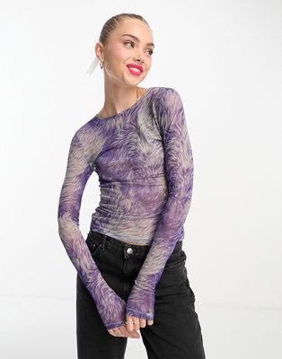 Monki long sleeve mesh top in purple and green swirl print-Multi