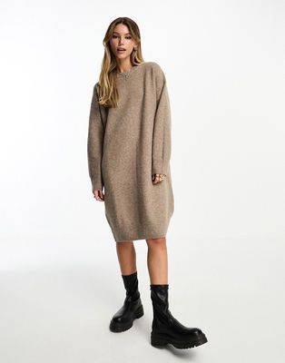 Monki long sleeve oversized knitted sweater dress in beige-Neutral