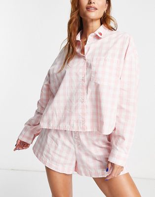 Monki long sleeve pajama short set with strawberries in pink check