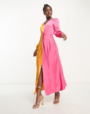 Monki long sleeve ruched satin color block front maxi dress in multi