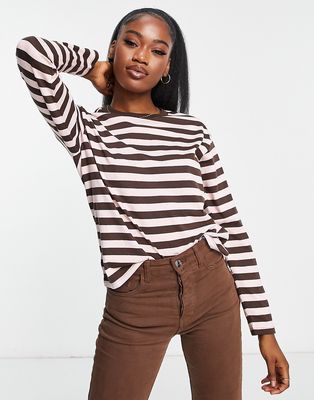Monki long sleeve T-shirt in brown and pink stripe-Multi