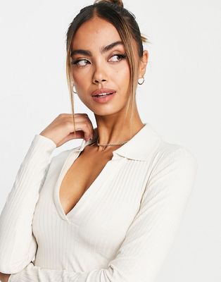 Monki long sleeve top with collar in beige-Neutral
