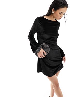 Monki long sleeve velvet mini dress in black