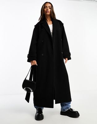 Monki longline belted trench coat in black