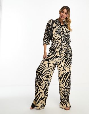 Monki loose fit jumpsuit in beige zebra print-Multi
