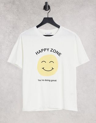 Monki Mai cotton oversized t-shirt with smile face print in off white - WHITE