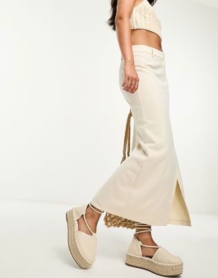 Monki maxi split column skirt in beige-Neutral
