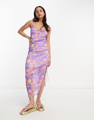 Monki mesh cami gathered midi dress in blurred flower print-Multi