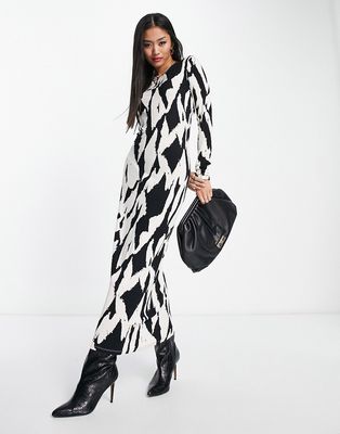 Monki mesh fitted midi dress in black and beige print-Multi
