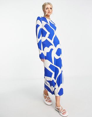 Monki mesh fitted midi dress in blue abstract print-Multi