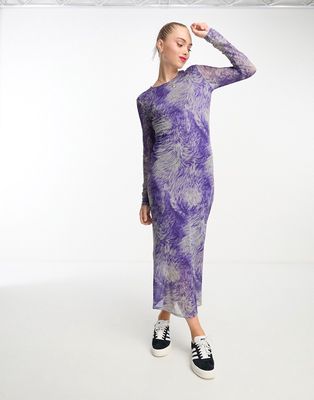Monki mesh midi dress in purple and green swirl print-Multi