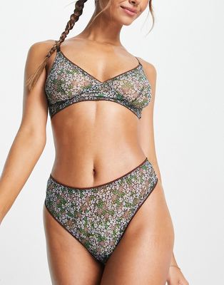 Monki mesh thong in ditsy floral-Multi